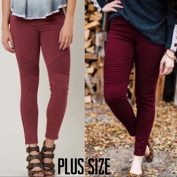 Pants - Plus Size Burgundy Moto Pants